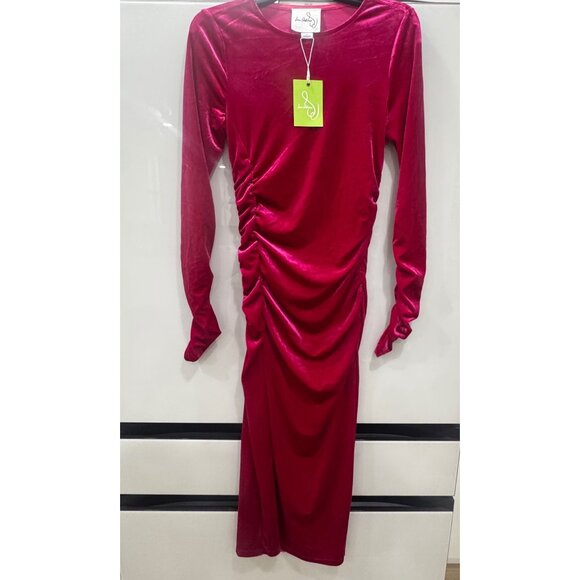Sam Edelman Womens Ruched Red Velvet Long-Sleeve Midi Dress Size 4 New With Tags - Picture 4 of 6